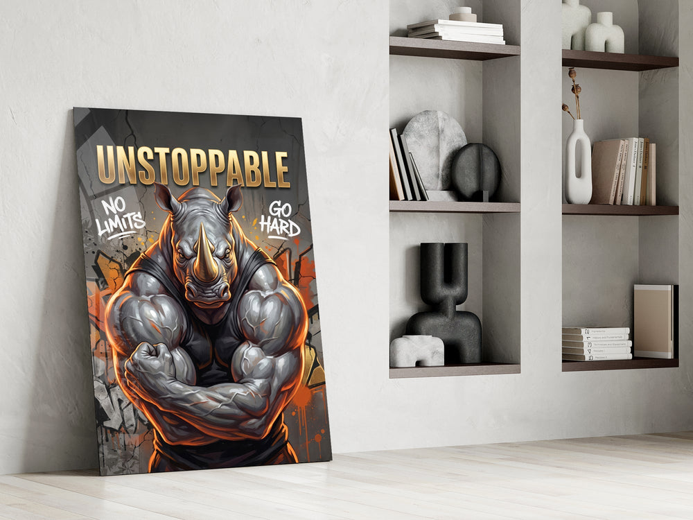 Unstoppable Muscular Rhino Glass Wall Art