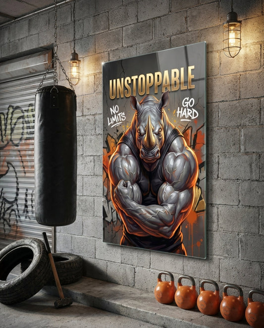 Unstoppable Muscular Rhino Glass Wall Art