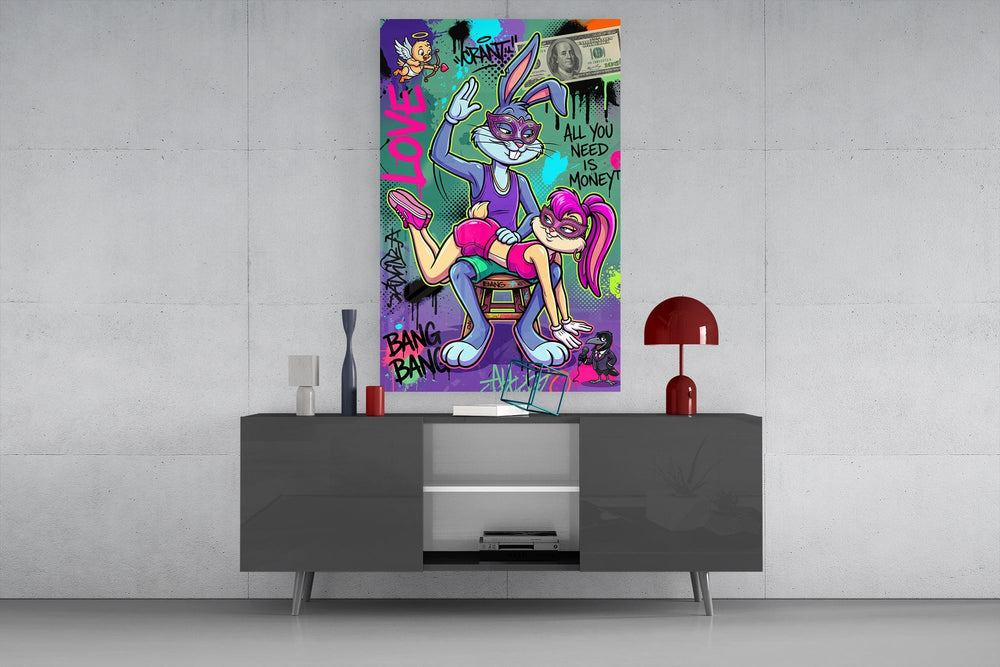 Love and Money Cartoon Rabbit Pop Art Glass Wall Art