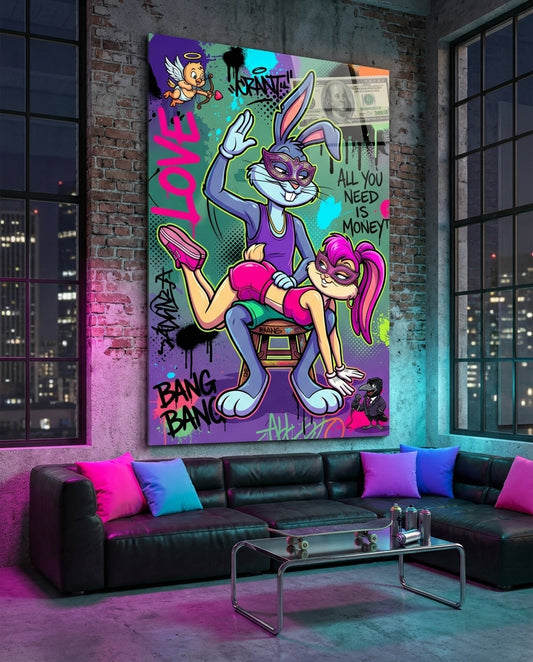 Love and Money Cartoon Rabbit Pop Art Glass Wall Art