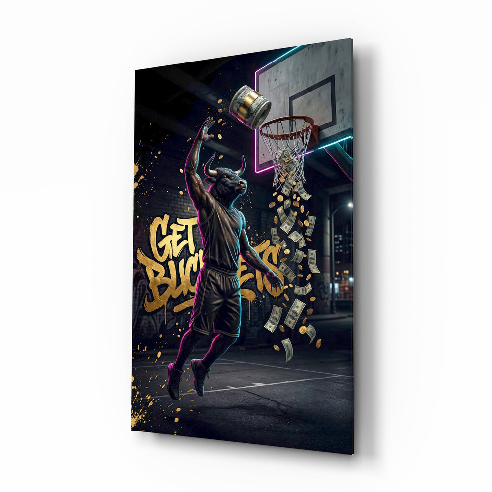 Get Buckets Bull Baller Money Dunk Glass Wall Art