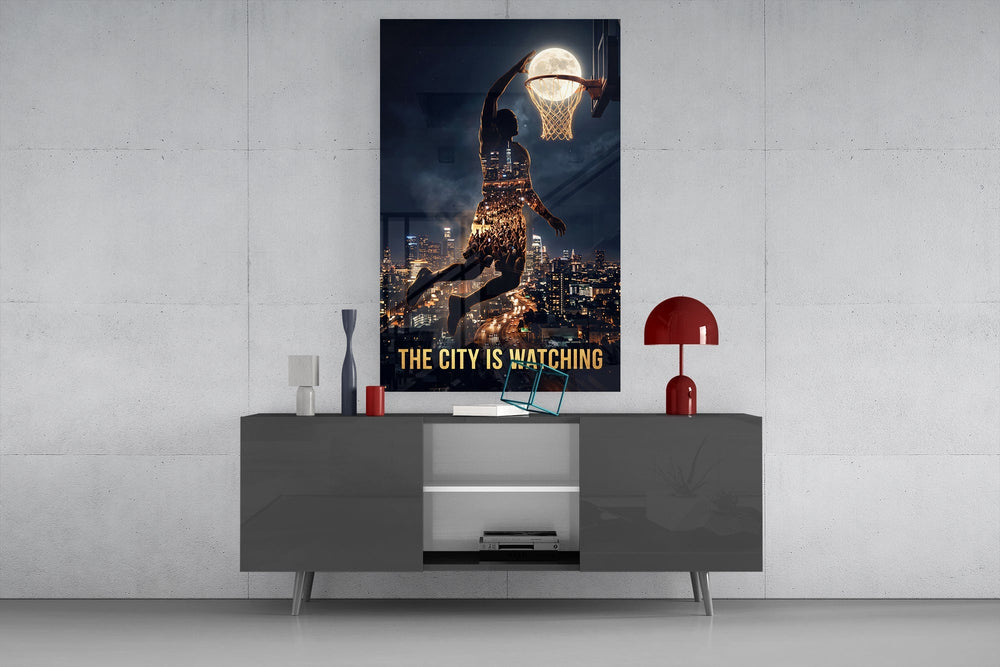 The City Is Watching Moonlit Slam Dunk Glass Wall Art