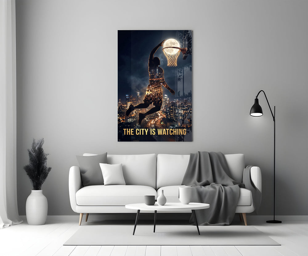 The City Is Watching Moonlit Slam Dunk Glass Wall Art
