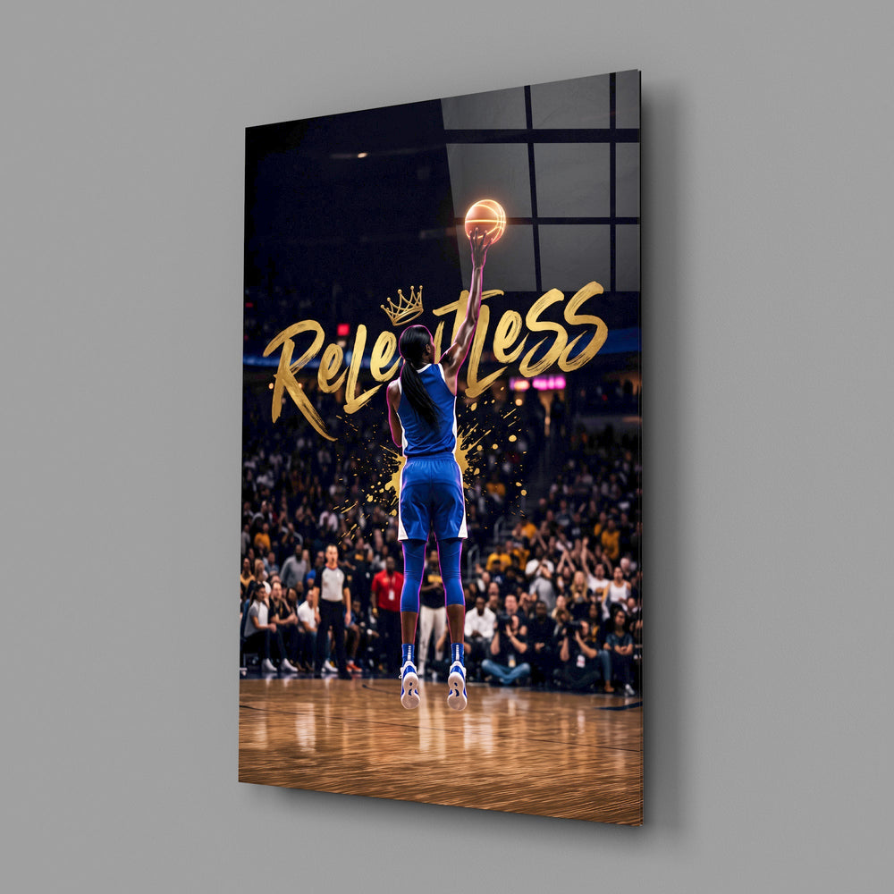 Relentless Gold Crown Basketball Jump Glass Wall Art