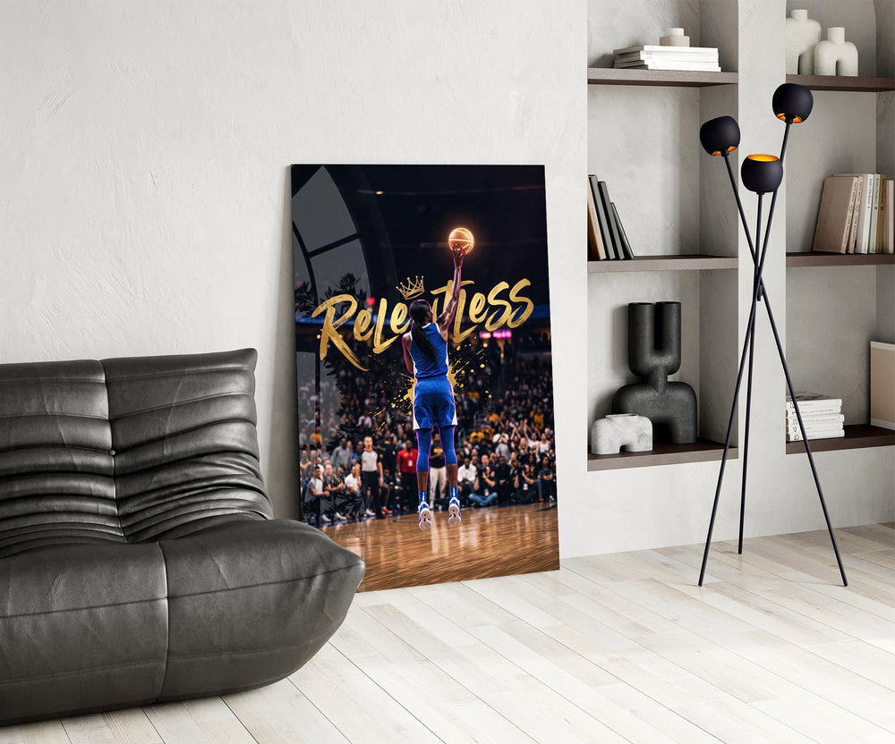 Relentless Gold Crown Basketball Jump Glass Wall Art