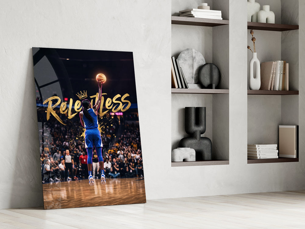 Relentless Gold Crown Basketball Jump Glass Wall Art