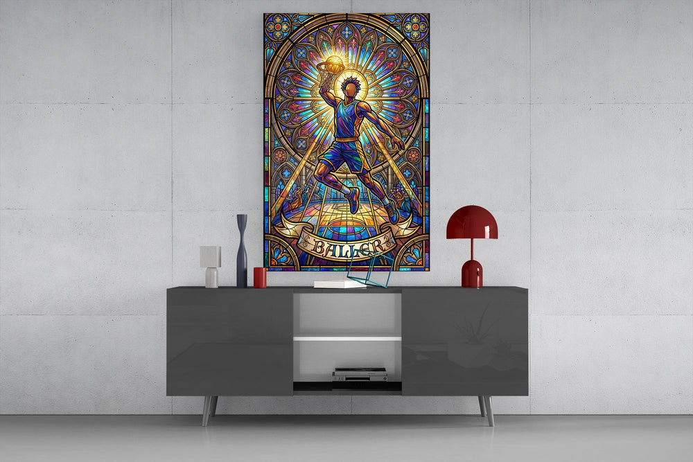 Baller Stained Glass Basketball Player Glass Wall Art