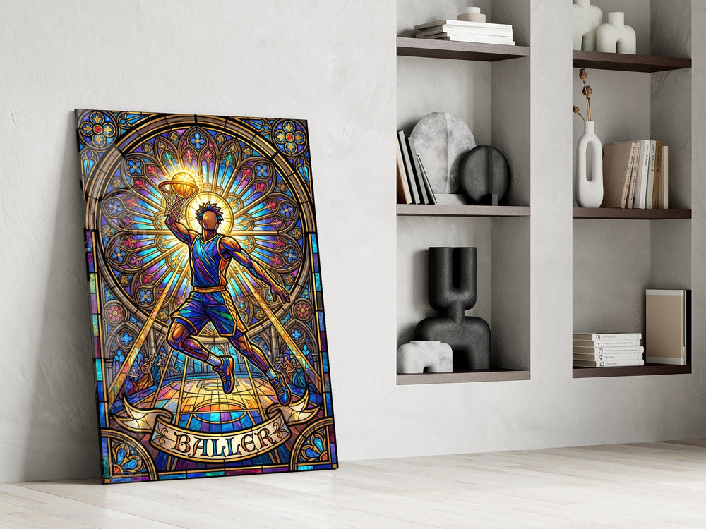 Baller Stained Glass Basketball Player Glass Wall Art