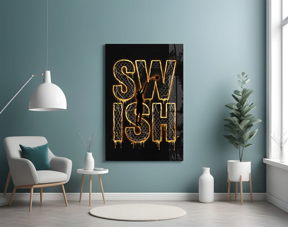 Swish Gold Net Typography Basketball Glass Wall Art