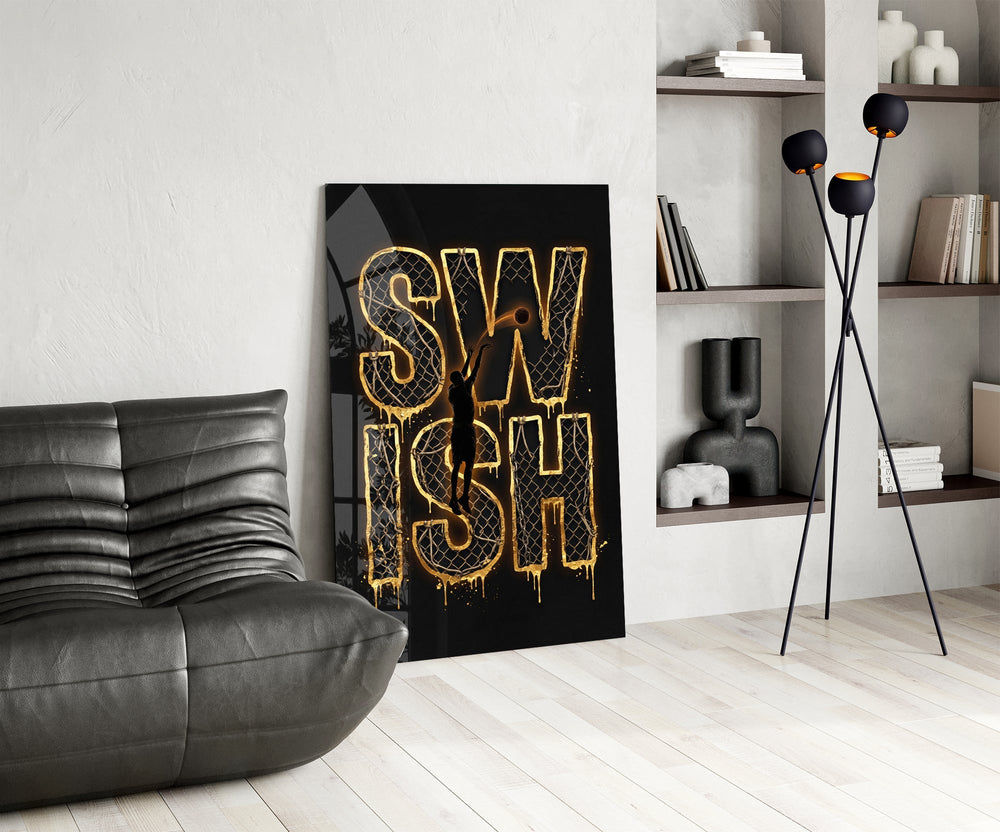 Swish Gold Net Typography Basketball Glass Wall Art