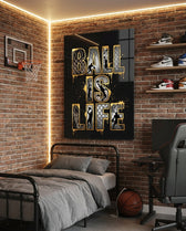 Ball Is Life Gold Typography Basketball Glass Wall Art