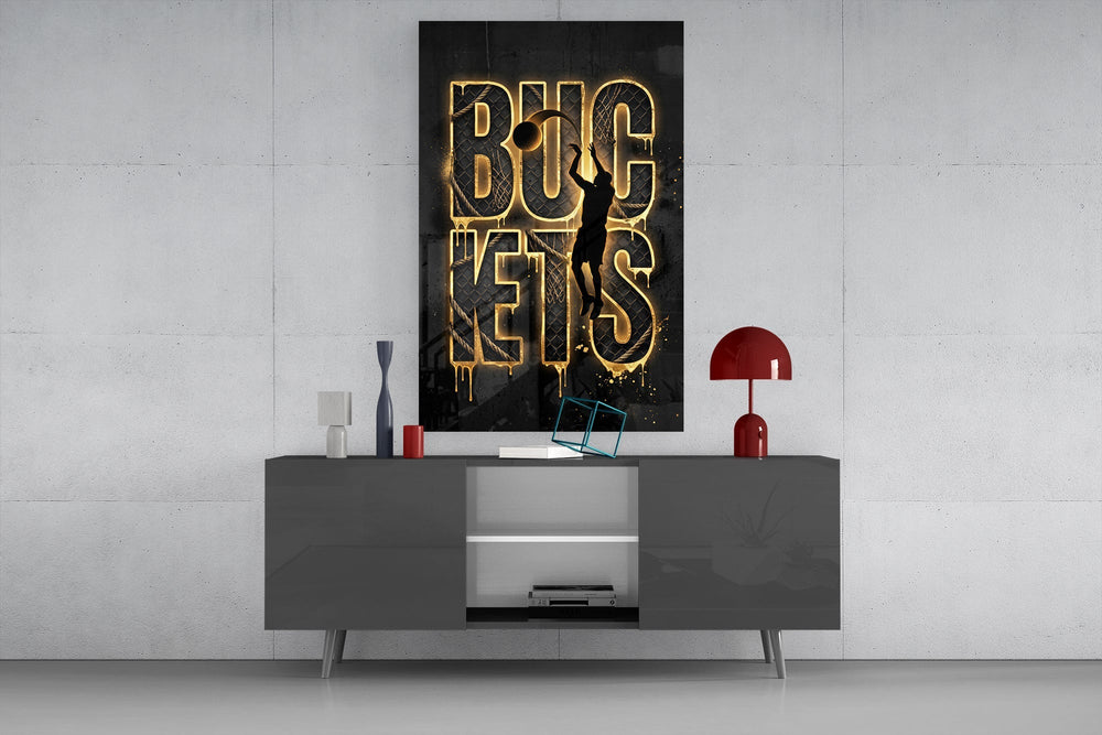 Buckets Gold Basketball Typography Glass Wall Art