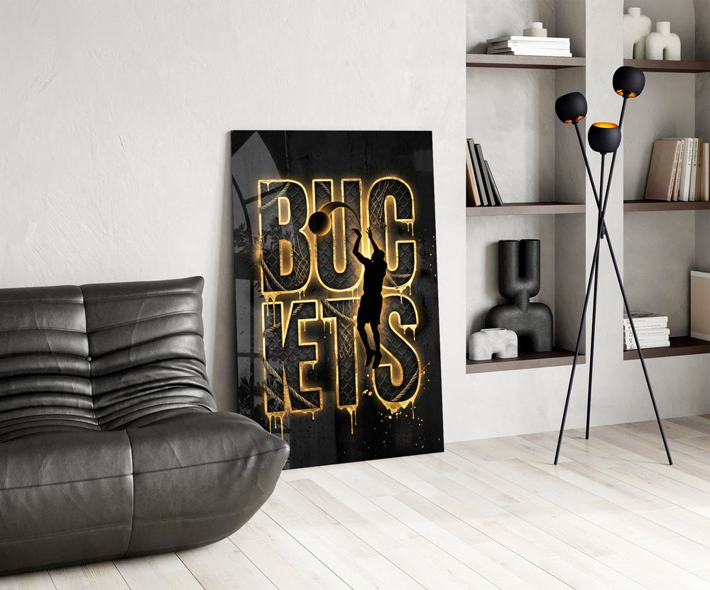 Buckets Gold Basketball Typography Glass Wall Art