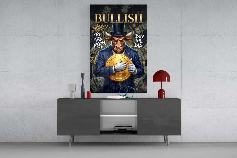 Bullish Gold Coin Bull in Suit Glass Wall Art