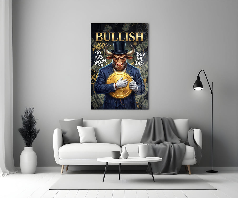 Bullish Gold Coin Bull in Suit Glass Wall Art