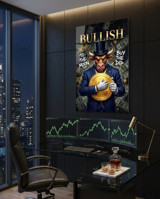 Bullish Gold Coin Bull in Suit Glass Wall Art