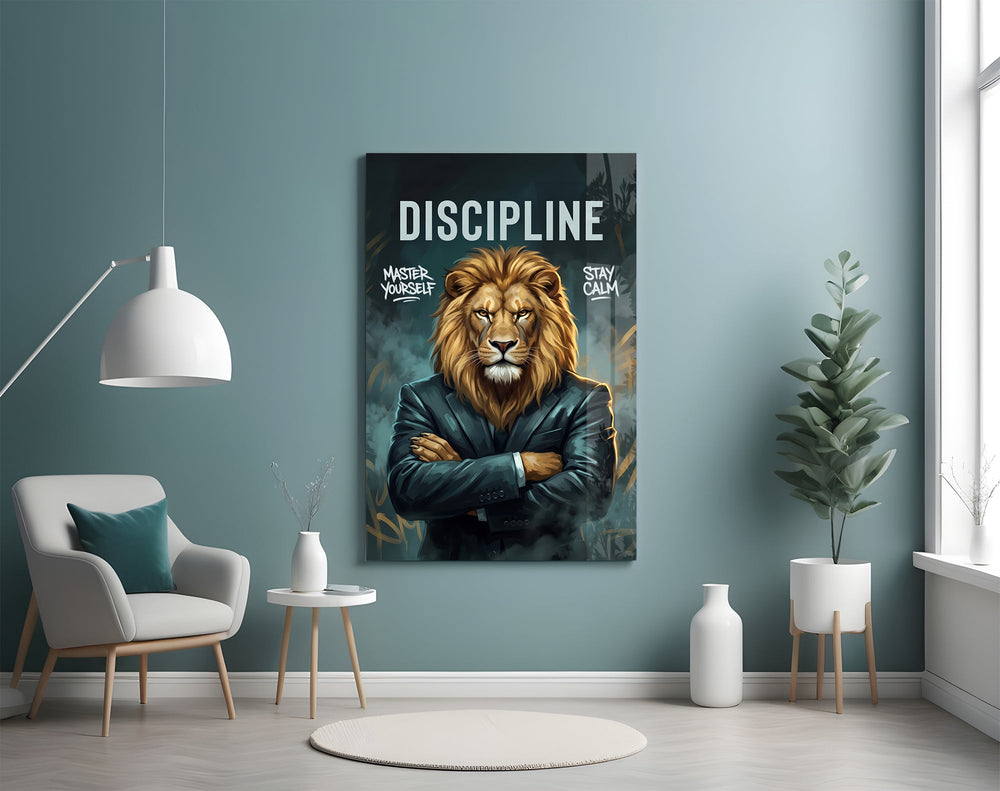 Discipline Lion in Suit Motivational Glass Wall Art
