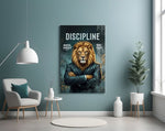 Discipline Lion in Suit Motivational Glass Wall Art