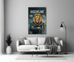 Discipline Lion in Suit Motivational Glass Wall Art