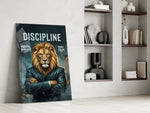 Discipline Lion in Suit Motivational Glass Wall Art