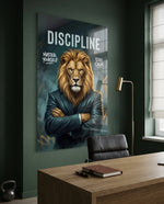 Discipline Lion in Suit Motivational Glass Wall Art