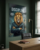 Discipline Lion in Suit Motivational Glass Wall Art
