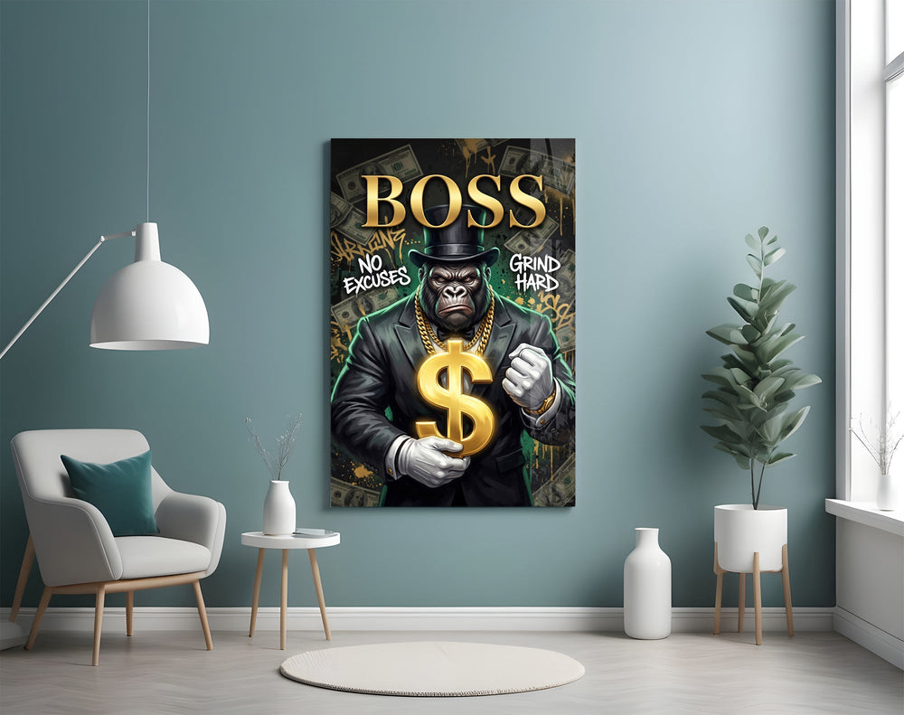 Boss Suited Gorilla Gold Dollar Glass Wall Art