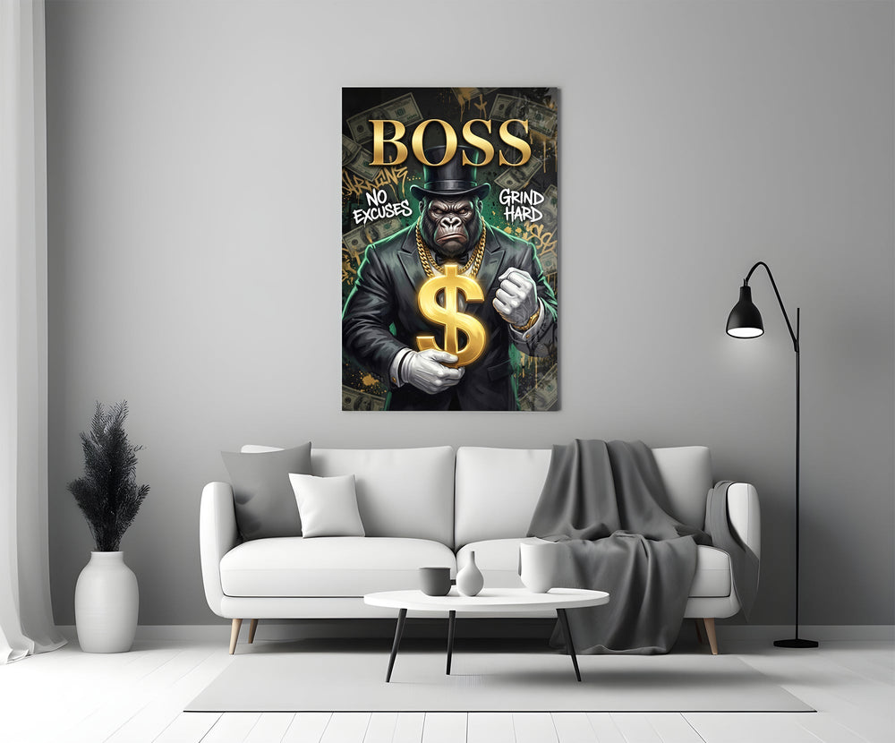 Boss Suited Gorilla Gold Dollar Glass Wall Art