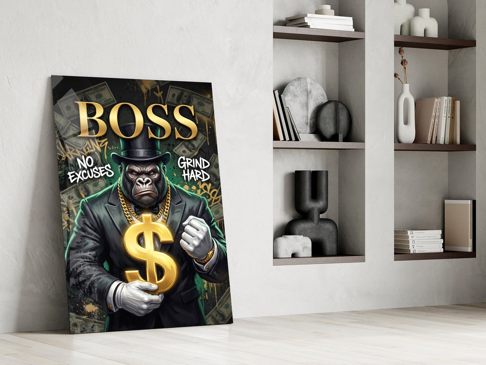 Boss Suited Gorilla Gold Dollar Glass Wall Art