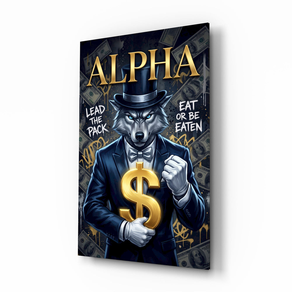 Alpha Suited Wolf Gold Dollar Glass Wall Art