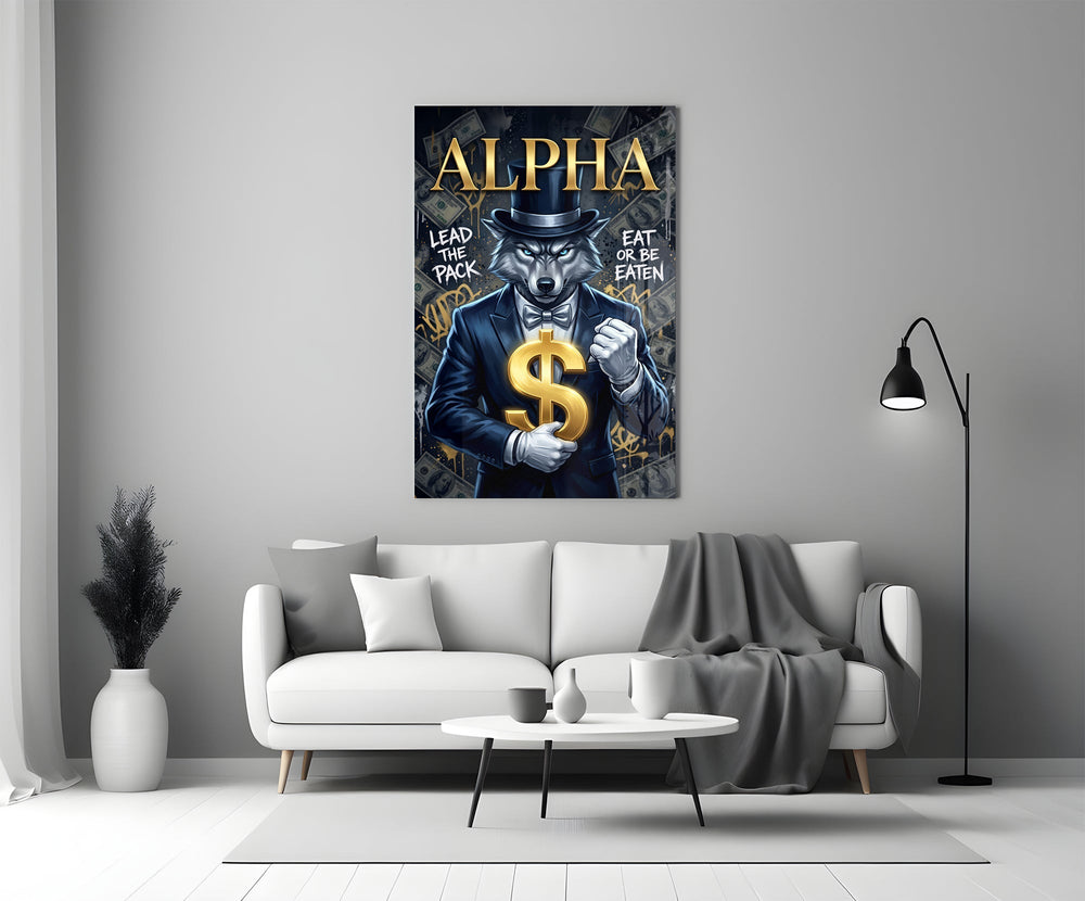 Alpha Suited Wolf Gold Dollar Glass Wall Art
