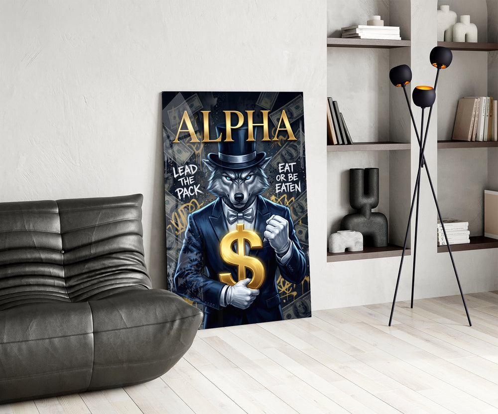 Alpha Suited Wolf Gold Dollar Glass Wall Art