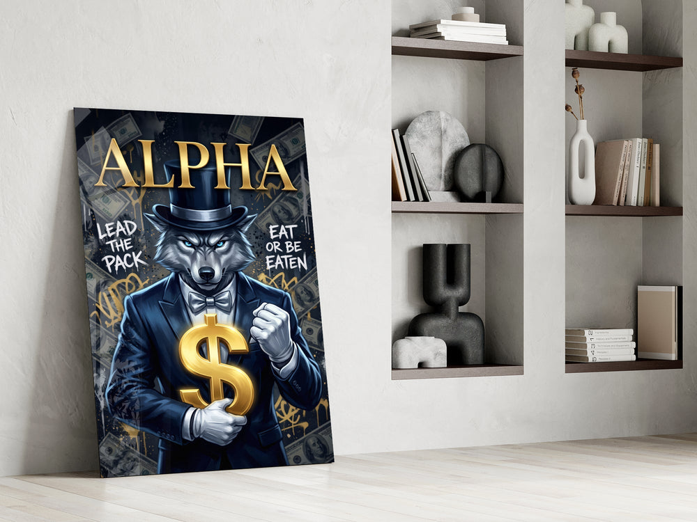 Alpha Suited Wolf Gold Dollar Glass Wall Art