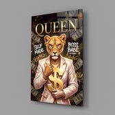 Queen Suited Lioness Gold Dollar Glass Wall Art