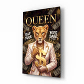 Queen Suited Lioness Gold Dollar Glass Wall Art