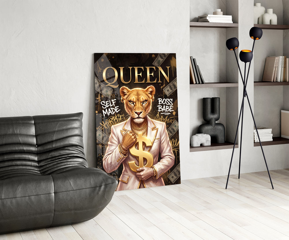 Queen Suited Lioness Gold Dollar Glass Wall Art