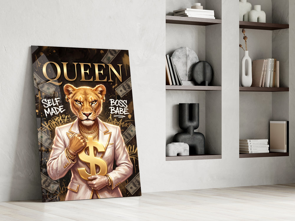 Queen Suited Lioness Gold Dollar Glass Wall Art