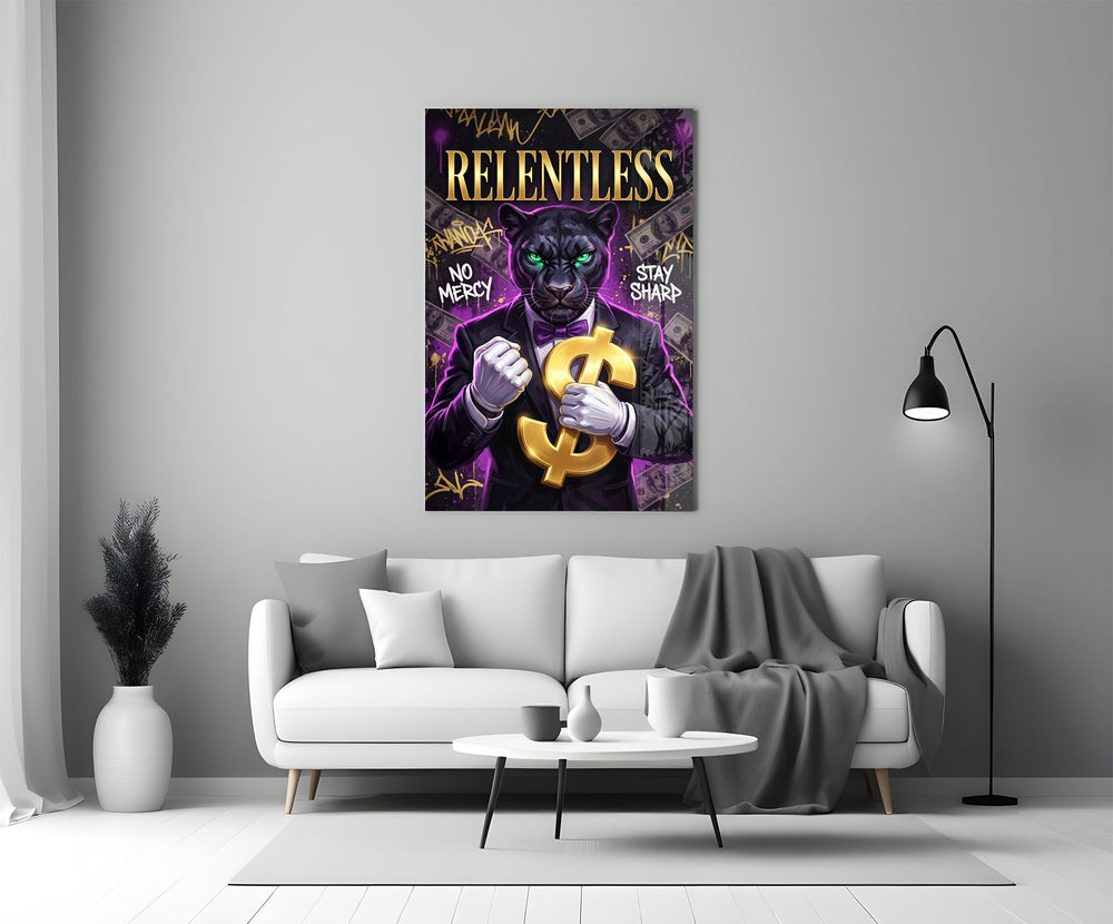Relentless Suited Panther Gold Dollar Glass Wall Art