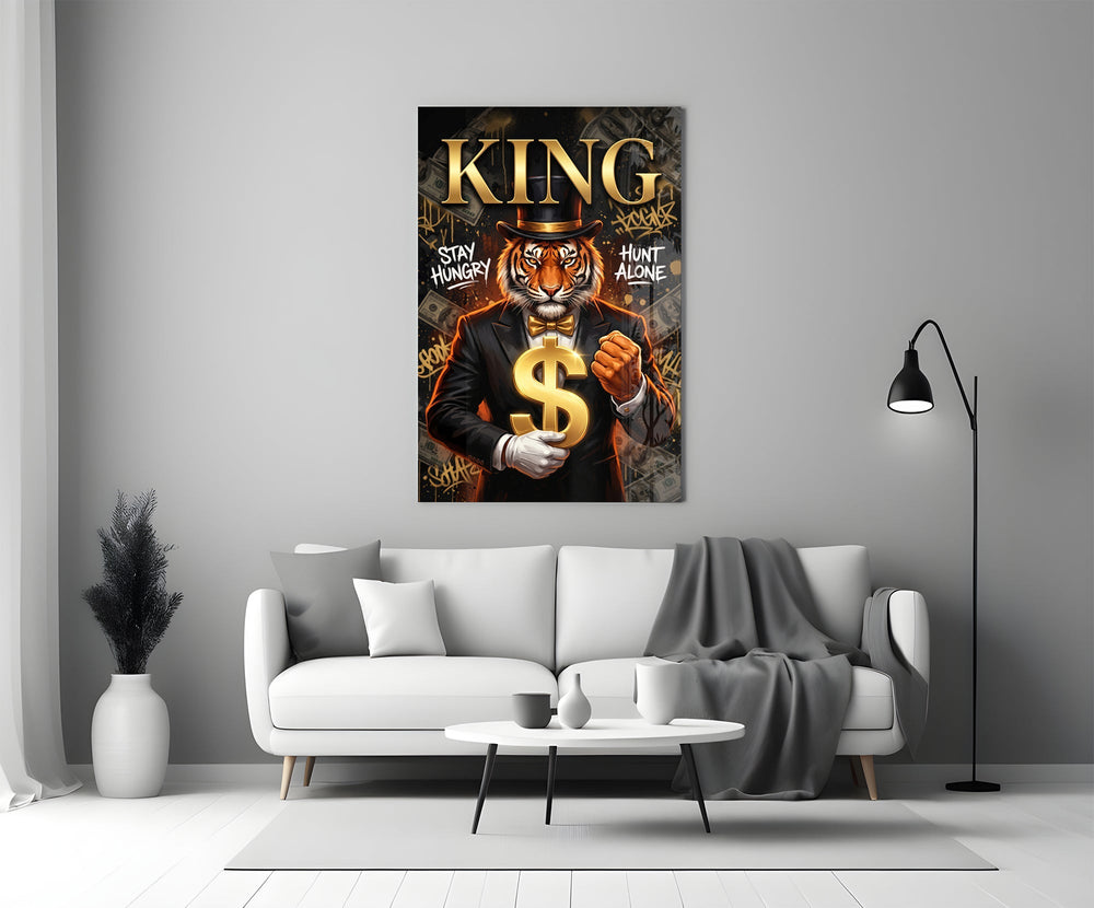 King Suited Tiger Gold Dollar Glass Wall Art