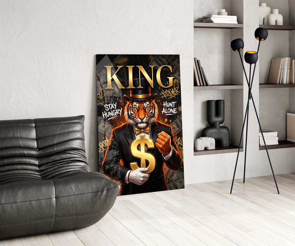 King Suited Tiger Gold Dollar Glass Wall Art