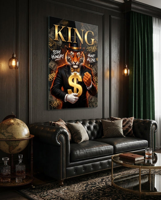 King Suited Tiger Gold Dollar Glass Wall Art