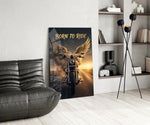 Born to Ride Winged Motorcycle Sunset Glass Wall Art