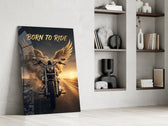 Born to Ride Winged Motorcycle Sunset Glass Wall Art