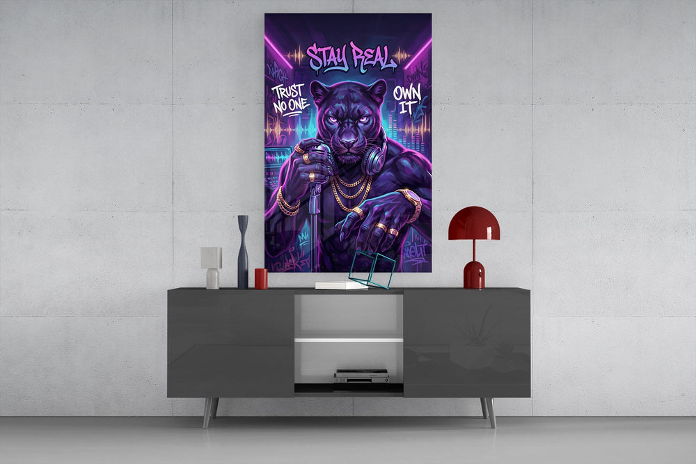 Stay Real Neon Panther Rapper Glass Wall Art