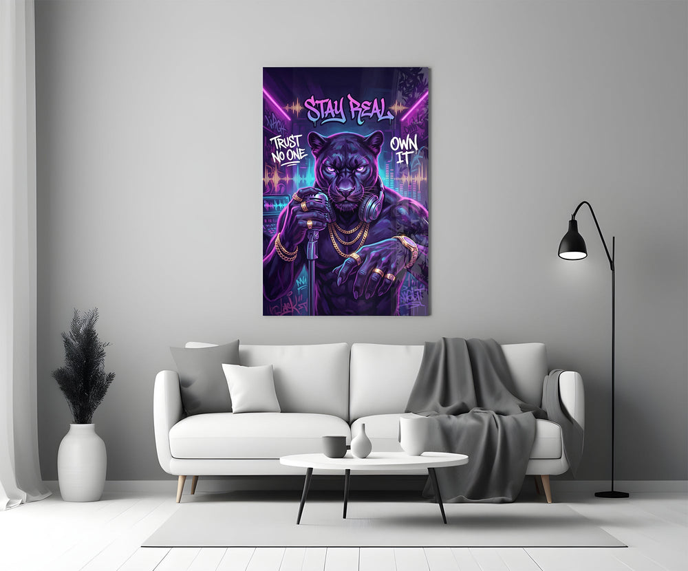 Stay Real Neon Panther Rapper Glass Wall Art