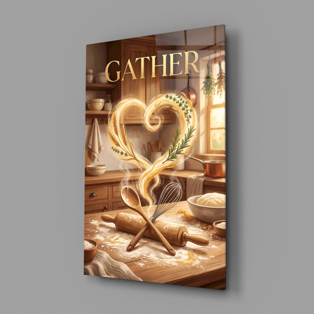 Gather Golden Flour Heart Kitchen Glass Wall Art