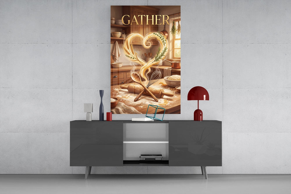 Gather Golden Flour Heart Kitchen Glass Wall Art