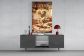 Gather Golden Flour Heart Kitchen Glass Wall Art