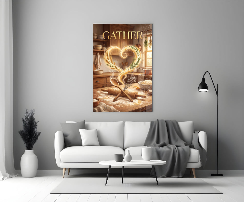 Gather Golden Flour Heart Kitchen Glass Wall Art