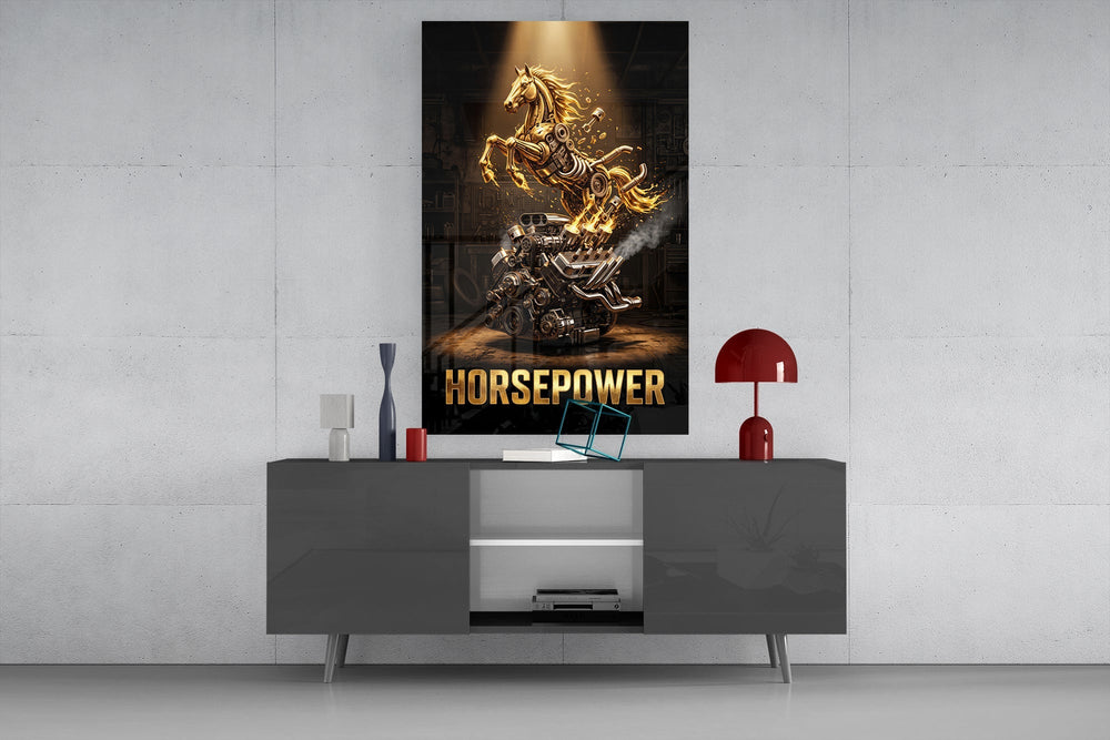 Horsepower Golden Engine Horse Glass Wall Art